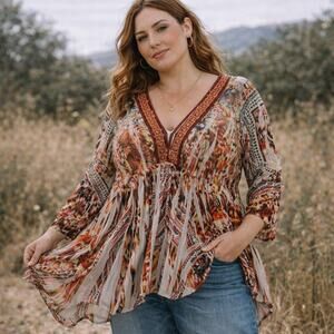 One World Boho Tunic Top 2X Plus Size Flowy Peasant Blouse V Neck Sequins